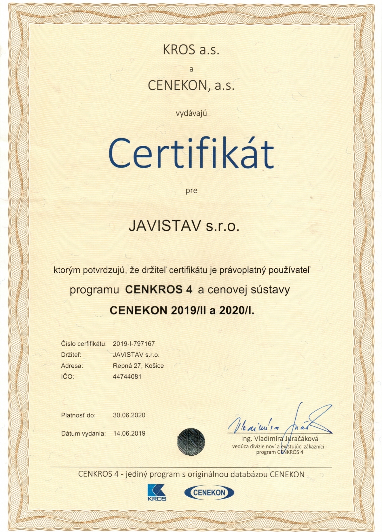 Certifikát - CENKROS 4