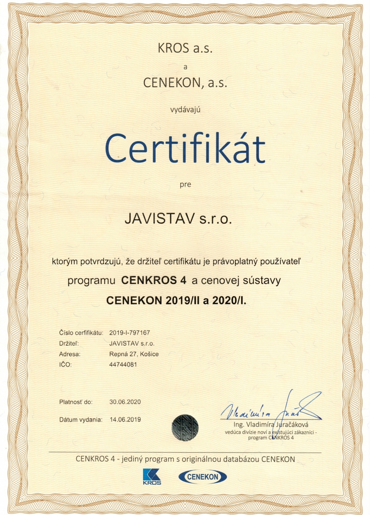 Certifikát - CENKROS 4 Certifikát - CENKROS 4