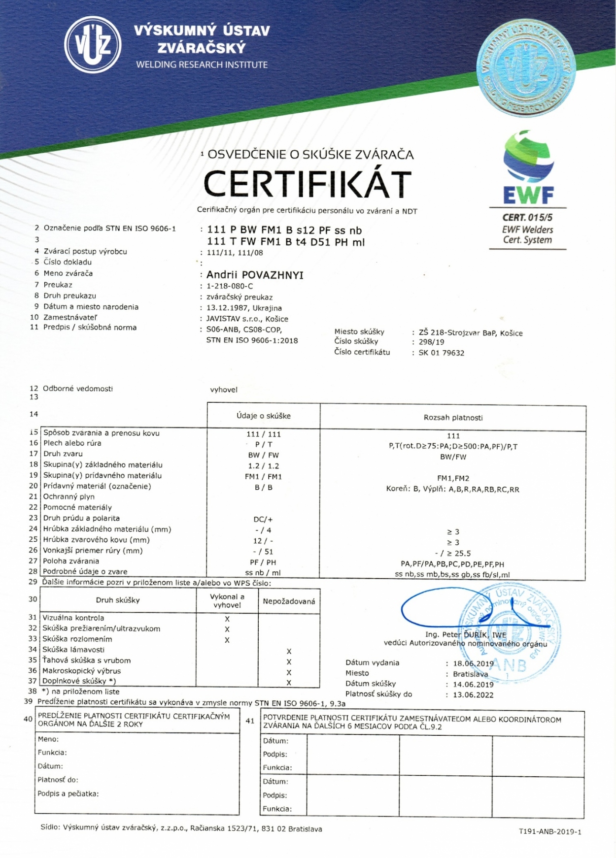 Certifikát - osvedčenie o skúške zvárača