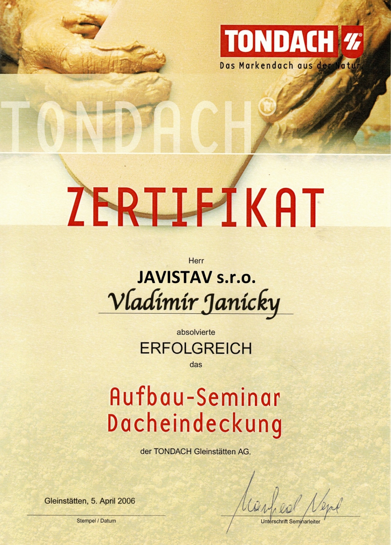 Certifikát - Tondach