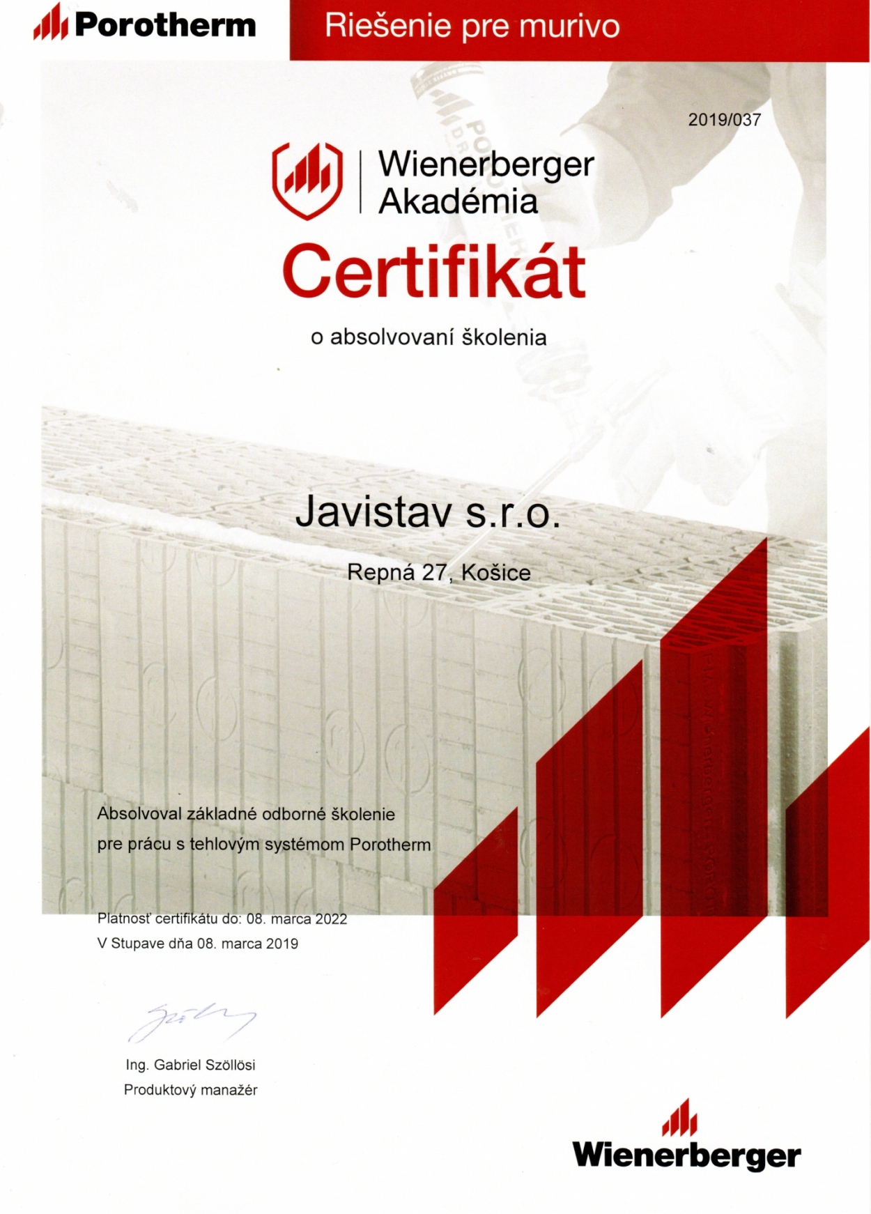 Certifikát Wienerberger Certifikát Wienerberger