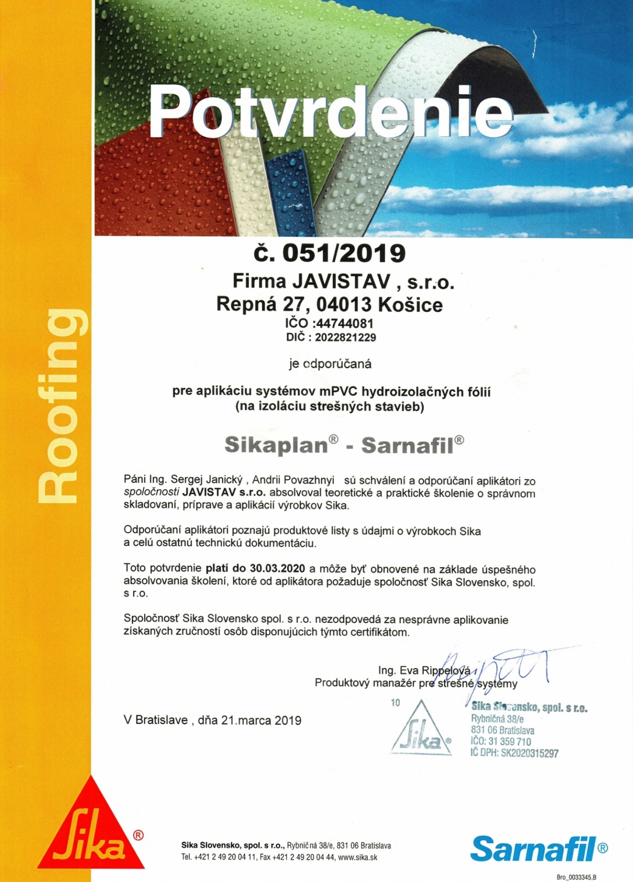 Sika - potvrdenie Sika - potvrdenie